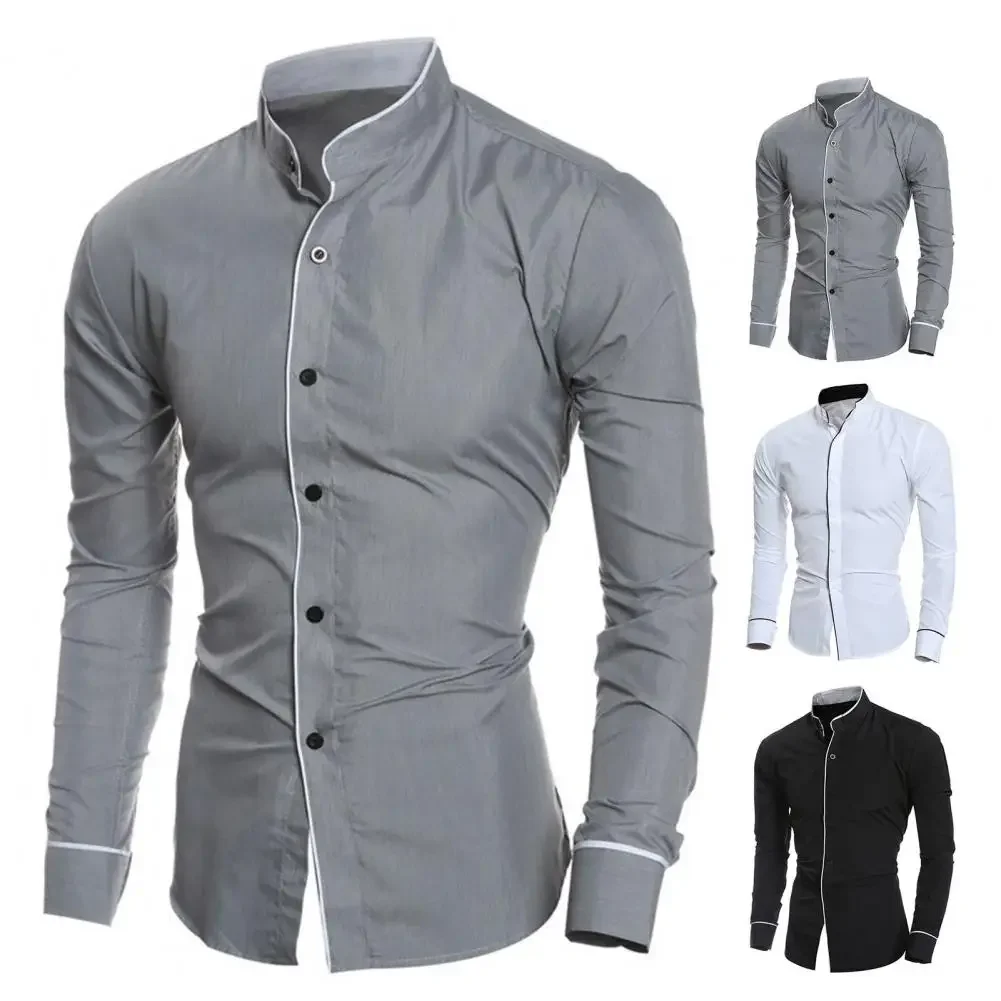 

Shirt Trendy Wear-resistant Men Shirt Slim Men Shirt Formal Contrast Color Line Autumn Shirt for Daily Wear