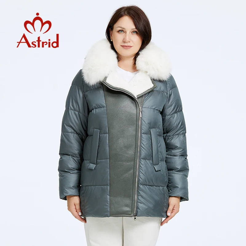 Astrid Women's Jacket Winter 2023 Plus Size Down Jackets Big Fur Collar Hooded Stitching Thickened Fleece Plush Coat Women Parka