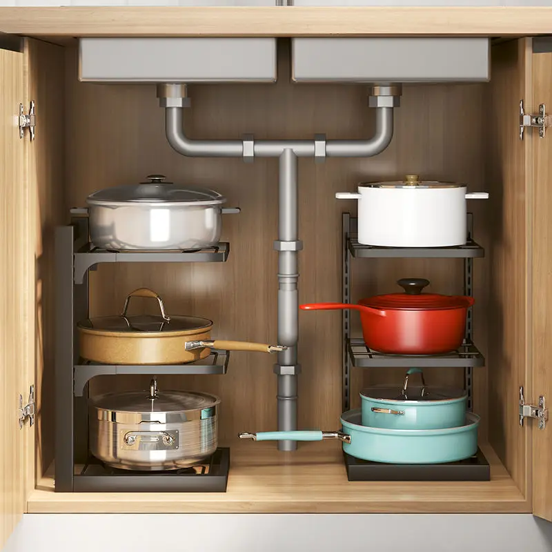 2 to 4 Tier Adjustable Metal Pot Organizer Rack, Space Saving Cookware Display Holder for Kitchen Counter, Sink and Cabinet