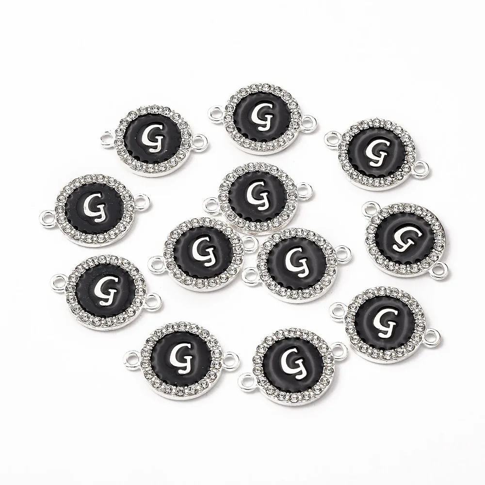 100pc Metal Enamel Links Connectors with Crystal Rhinestones Flat Round with Letter Silver Color Plated Letter for DIY Jewelry