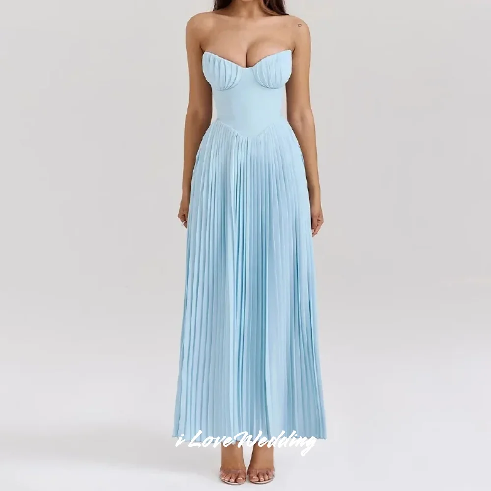

Blue Sweetheart Evening Dresses 2025 Sleeveless Pleated A-Line Prom Dress Ankle-Length Wedding Party Dresses Customized