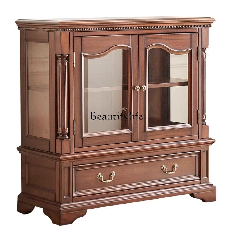

American Style Solid Wood Low Wine Cabinet Living Room Black Walnut Two-Door Small Display Sideboard Decorative Cabinet