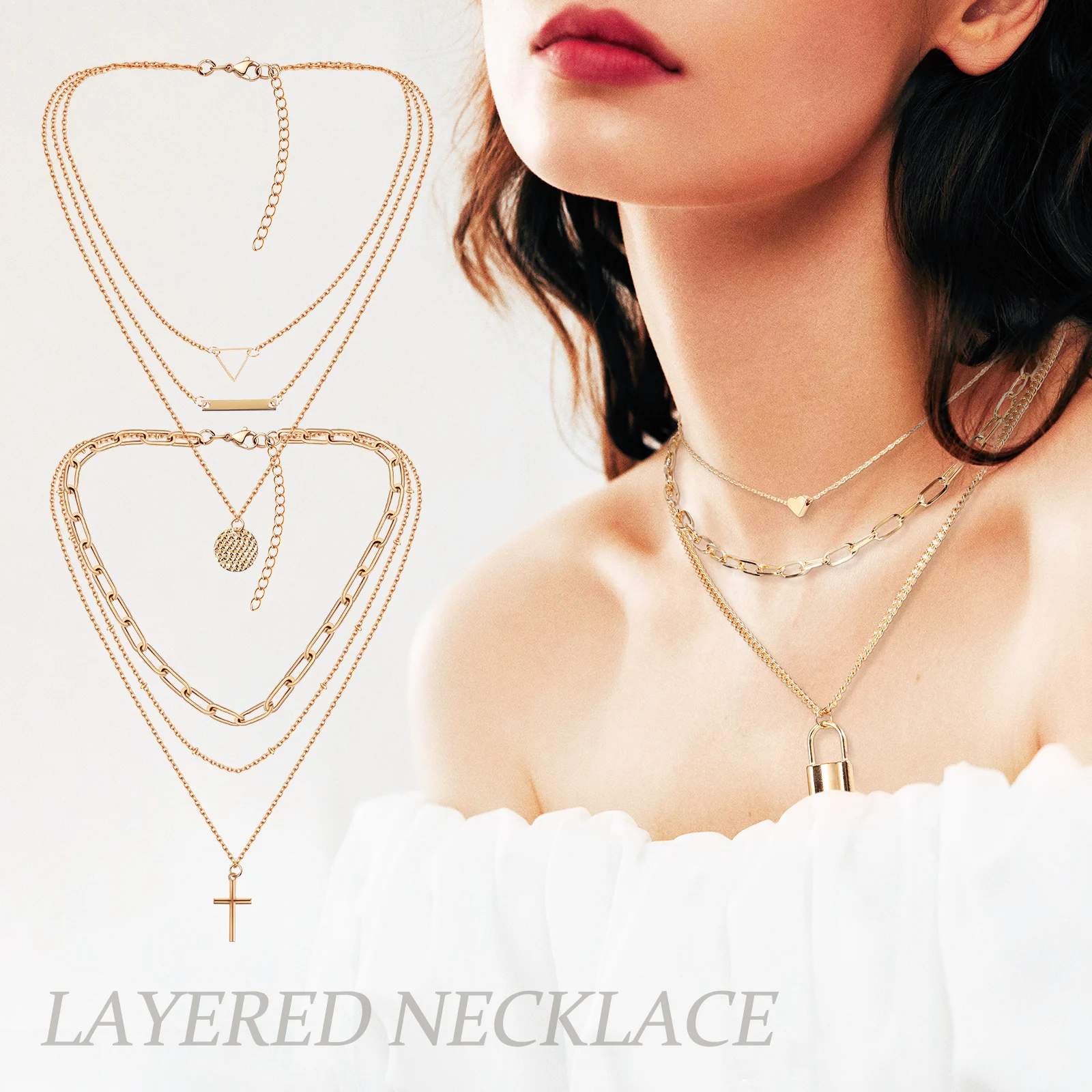 

3 Retro Necklace Set Golden Color 14+16+20 Styles Metal Layered Clavicle Women Chain Jewelry For Party Banquet Wedding