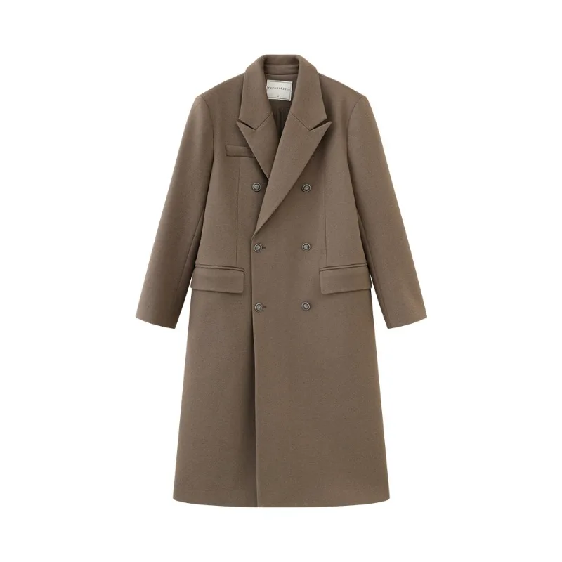 빈티지 우아한 울 느낌 코트 여성용 롱 더블 브레스티드 오버코트 따뜻한 겨울 오피스 아우터웨어 라펠 클래식 디자인