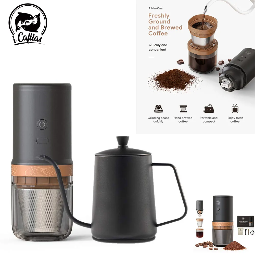 3IN 1 Portable Coffee Filter Drip with Electric Bean Grinder , Coffee Dripper Coffeeware Coffee Pot 350ml Gooseneck Spout Kettle