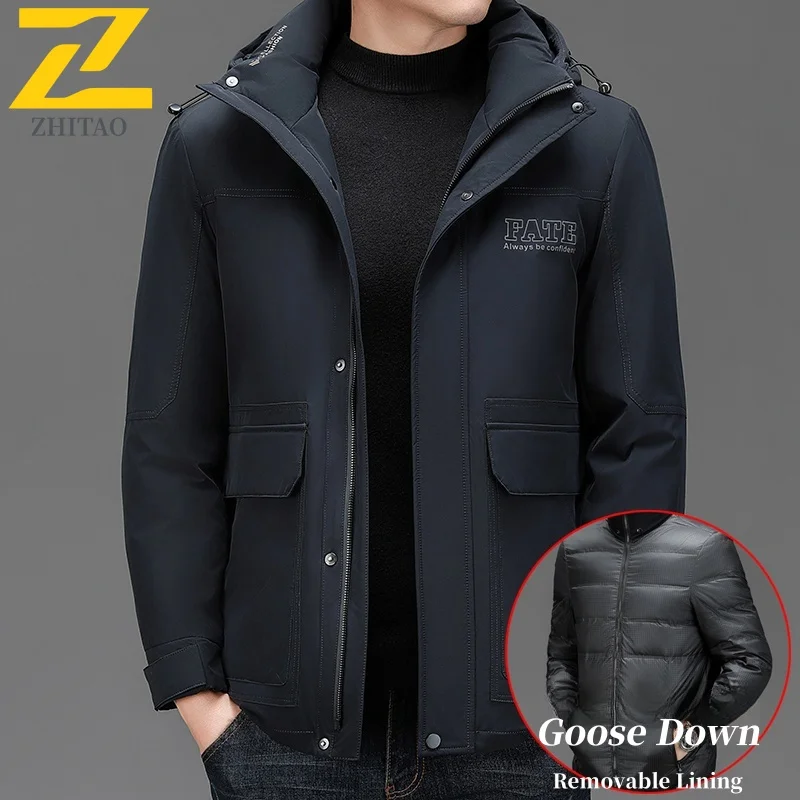 Winter Down Jacket Men's Trendy Brand Warm Detachable Lined White Duck Down Coat Male Casual Snow Windproof Hooded Puffer Jacket