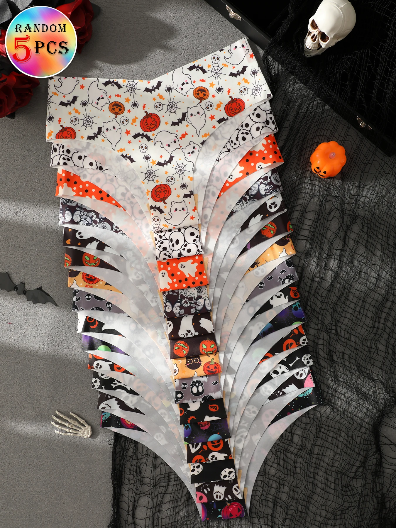 5-pack Halloween print scallop-shaped women's panties, random colors, simple, comfortable, seamless, sexy, elastic briefs