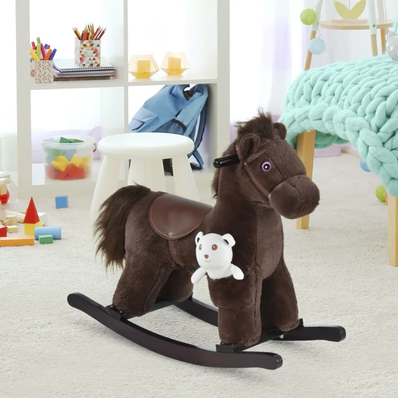 Children's plush rocking horse with bear toy brown soft plush children's rocking chair sound realistic children's game room gift