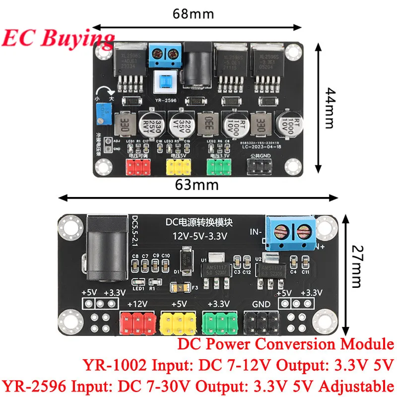 LM2596 YR-1002 Voltage DC Power Conversion Module DC3.3V DC5V DC Adjustable ADJ 12V/5V/3.3V For Smart Car Experimental Motor