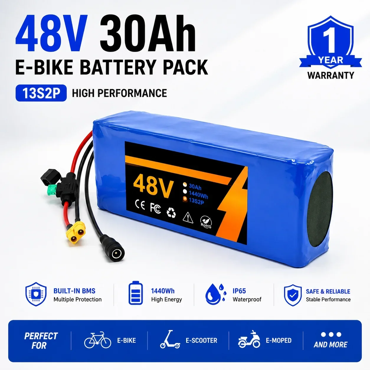Image of E-Bike-Akkupack 13S2P 48V 30Ah Lithium-Ionen-Akku mit intelligentem Schutzsystem für Elektroroller, Motorräder und DIY-Elektrofahrzeuge