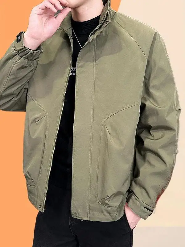 

Men's Slim Fit Cotton Jacket Stand Collar Lightweight Spring Autumn Trendy Outerwear Casual Korean Style Polyester Fiber