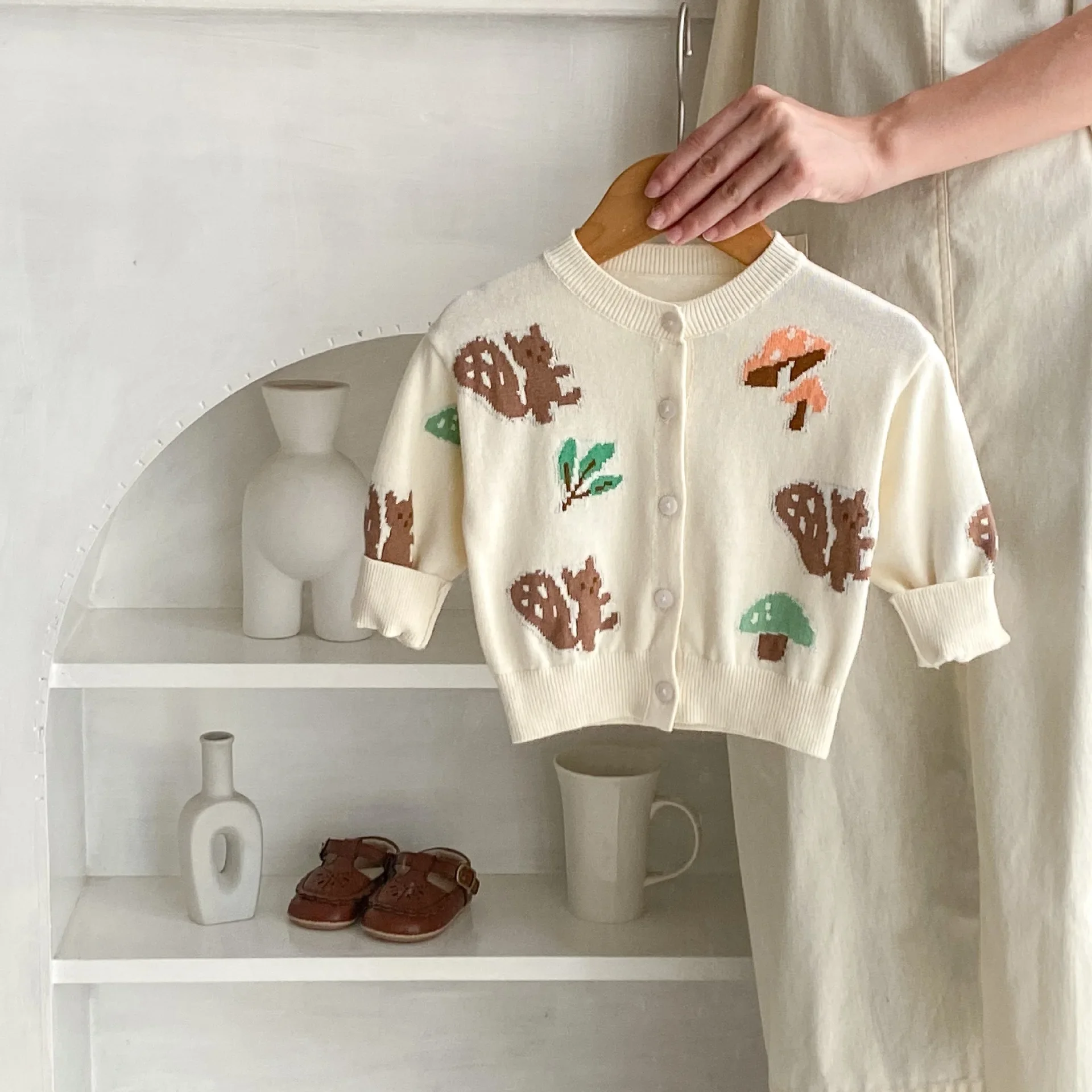 2024 Autumn Trendy Knitted Children Clothing Cartoon Pattern Jacquard Jacket for Boys and Girls Round Neck Long Sleeve Cardigan