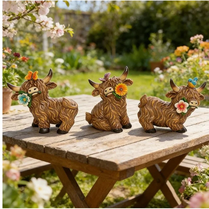 3Set of Highland Cow Figurines with Butterfly, Sunflower, and Bird Country Style Resin Decorative Statues