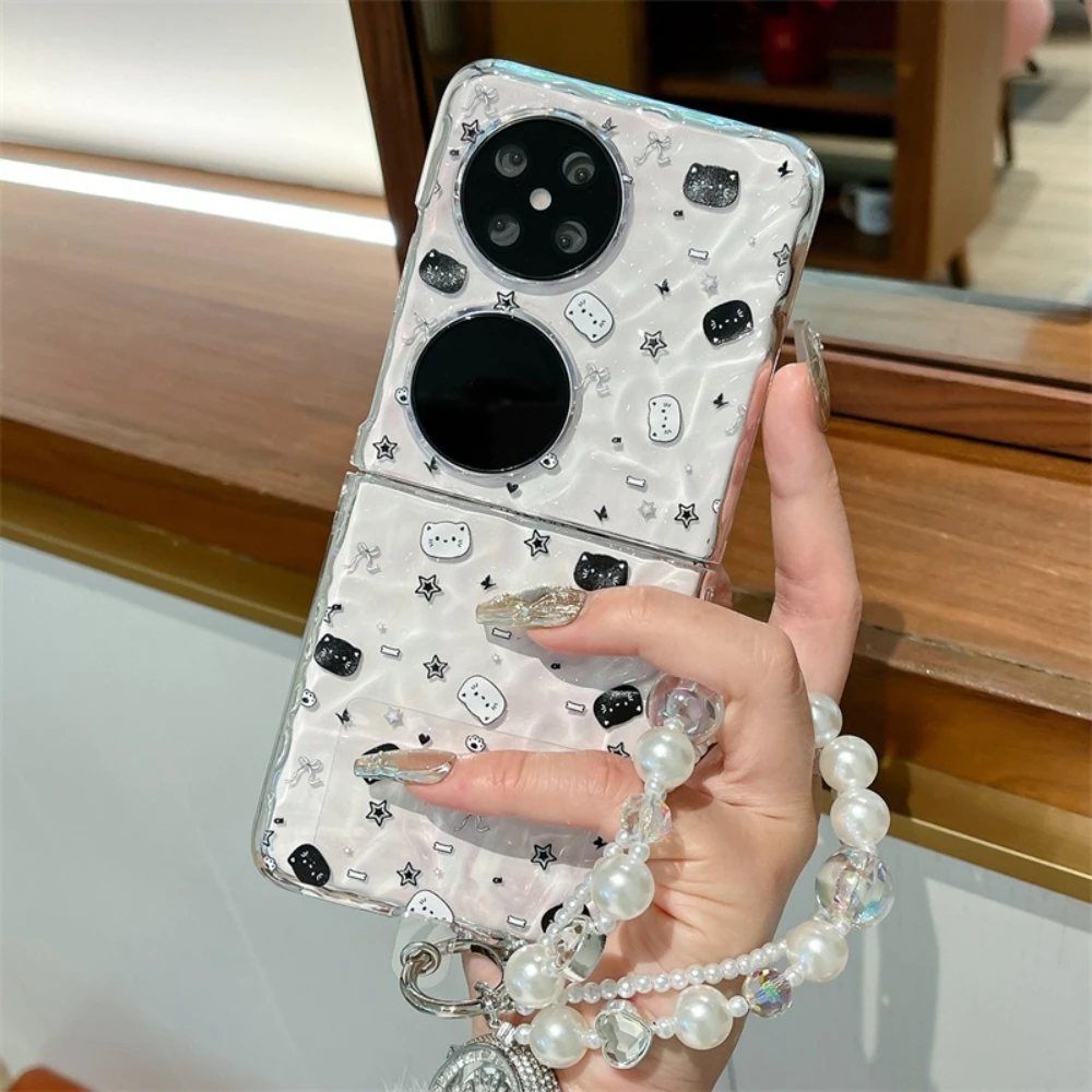 

For Huawei Nova Flip S Pocket 2 S PocketP50 Cute Cartoon Cat Case with Lanyard, Ripple Texture Clear Shockproof Protective Cover