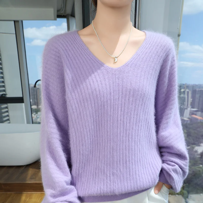 Loose Fit 100 Mink Cashmere Sweater For Women Autumn Winter V Neck Long Sleeve Drawstring Knitwear Casual Comfortable Style Top
