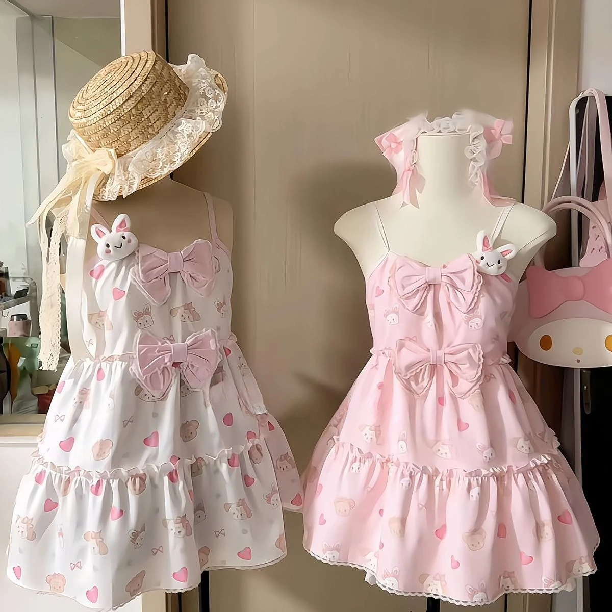 

Japanese Cute Girl Slip Dress Soft Short Puffy Dress Bow Kawaii Gentle Style Cartoon Print Pajama Suspenders Dresses 2025 Summer