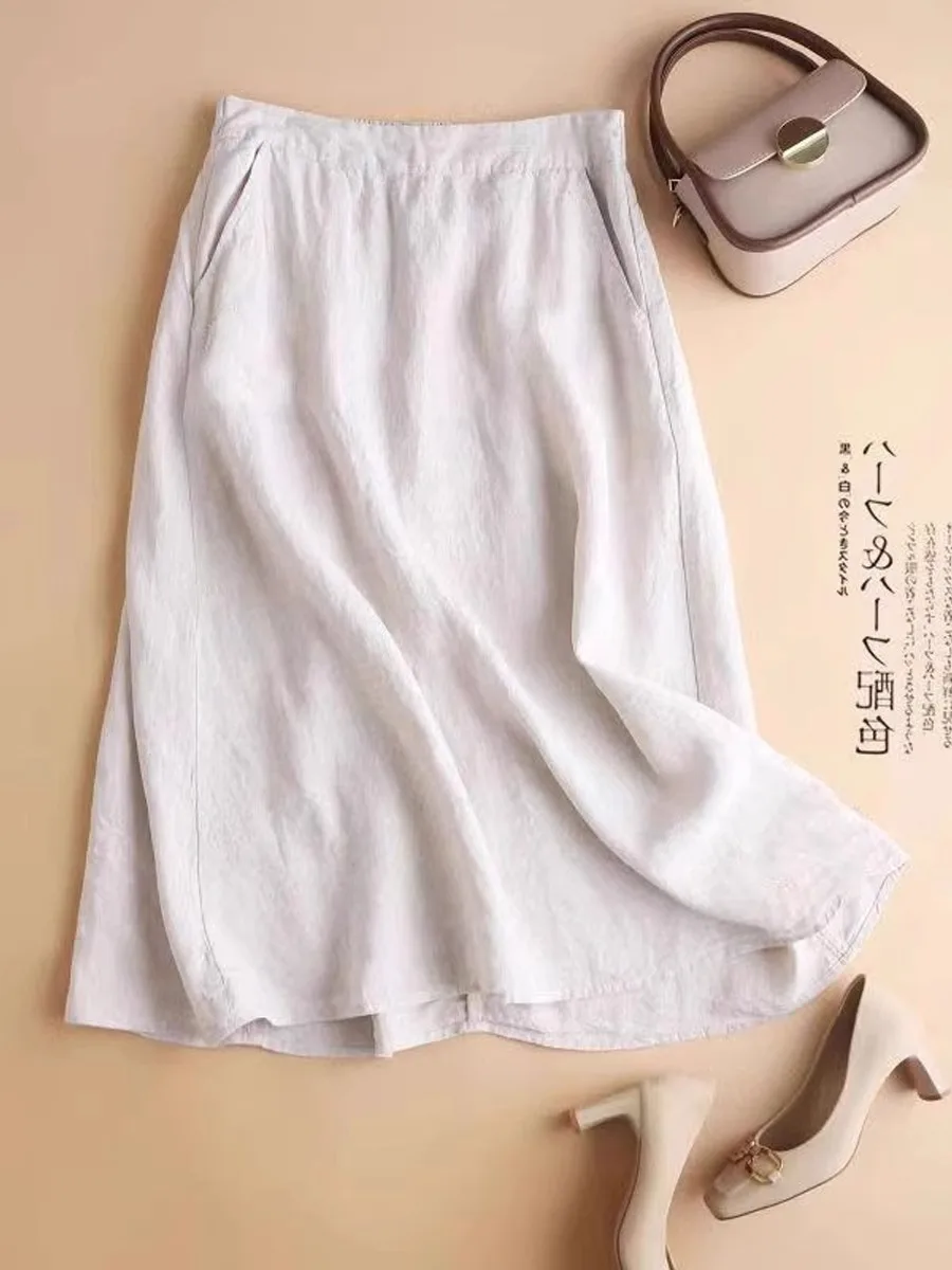 

Versatile Cotton Linen High Waist A-Line Midi Skirt Women's Autumn Summer Slimming High-End Linen Skirt Commute Korean Sle
