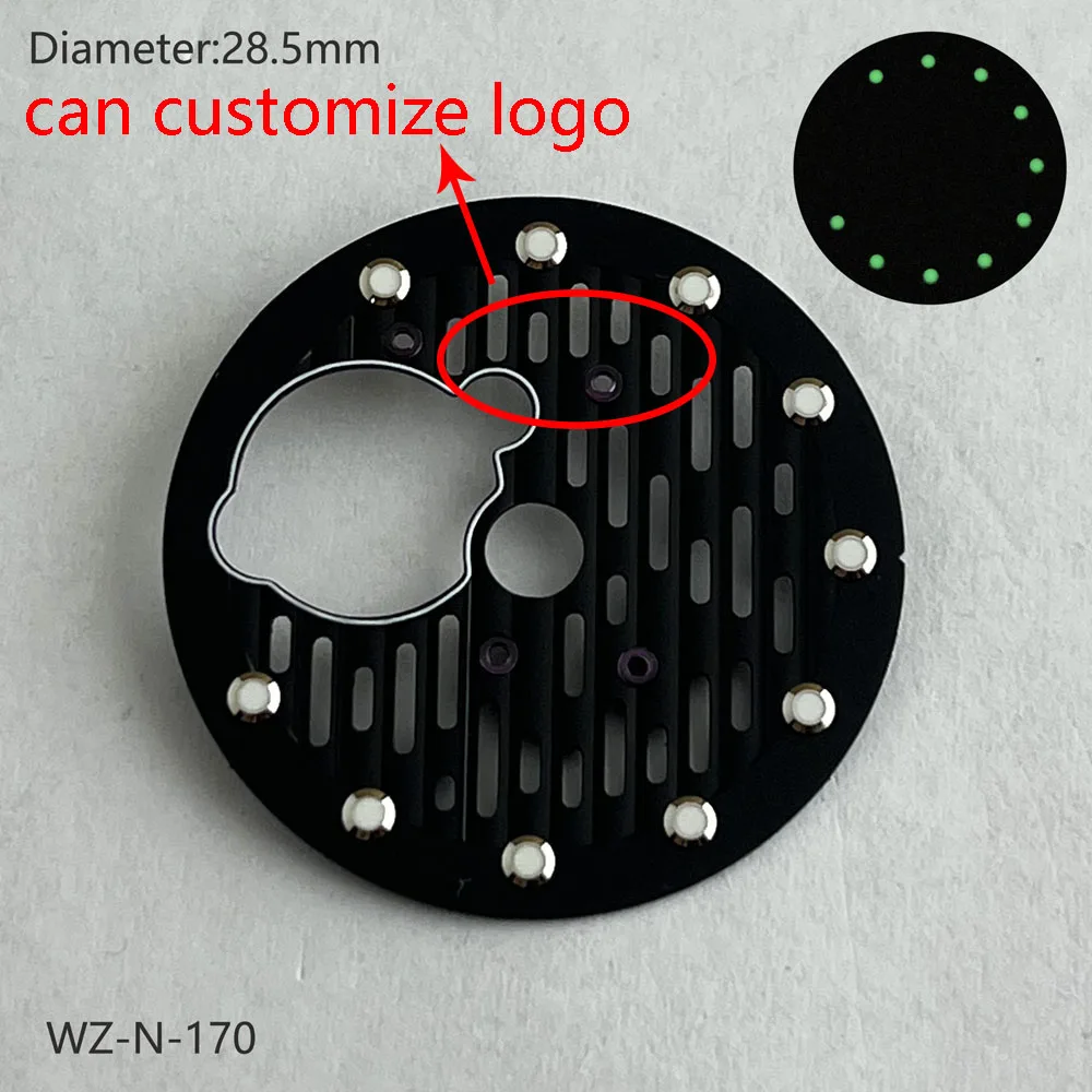 28.5mm NH38 다이얼 그레이 블루 그린 빛나는 스켈레톤 무브먼트 다이얼 일본 NH38/NH70/NH72 자동 무브먼트 로고 사용자 정의 가능