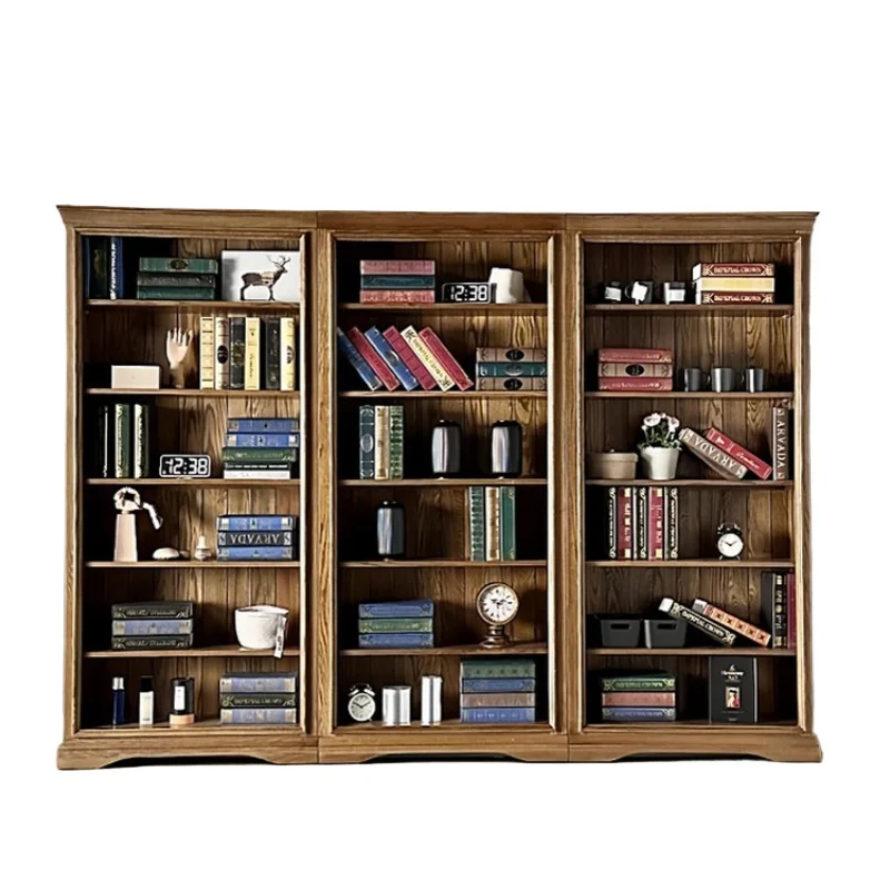 All solid wood bookcase, simple European oak whole wall bookshelf combination, log floor bookcase living room