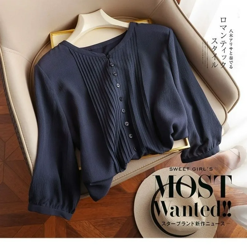 2025 Nieuwe Zomer Dames Zijden Tops Koreaanse Mode Blouse Vrouwen Casual Frankrijk Stijl Dames Shirts