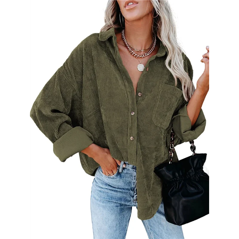 

CYL-Womens Corduroy Button Down Shirts Boyfriend Long Sleeve Oversized Blouses Tops