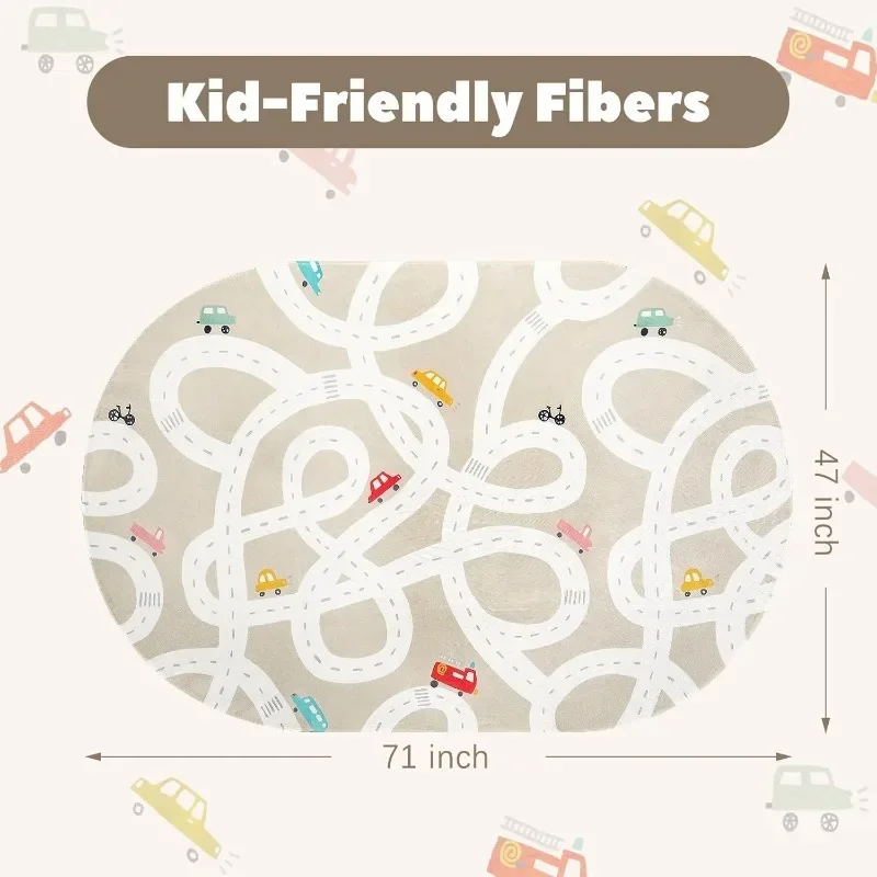 Large Kids Rug for Playroom, 4'x6' Washable Road Rug for Nursery, Non-Slip Car Rug for Boys Room