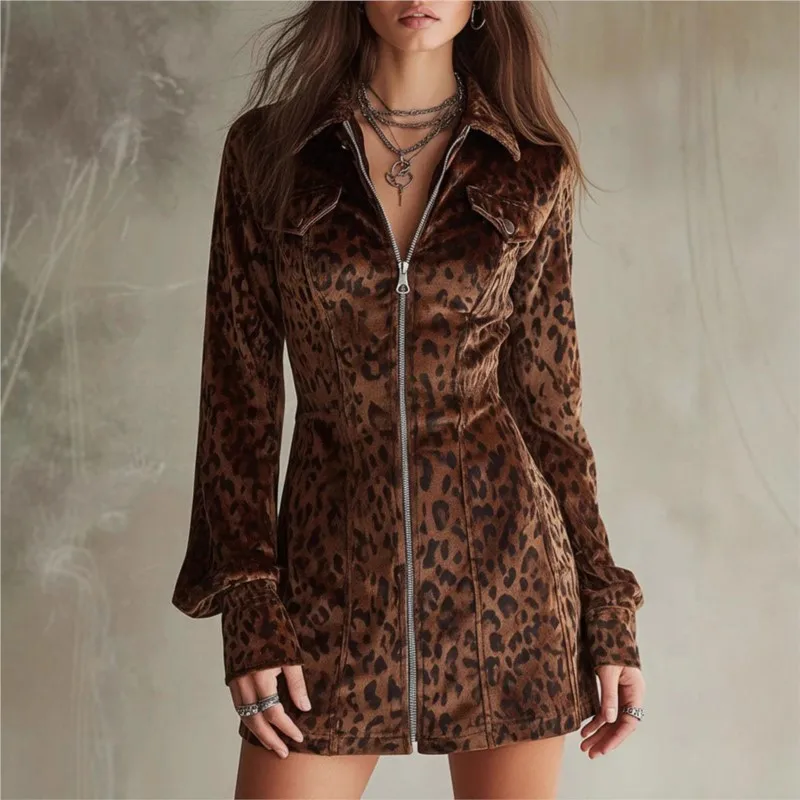 

Retro Imitation Suede Leopard Print Mini Dress 2026 Lapel Collar Long Sleeve Zipper Bodycon Slim Dresses with Pocket High Street