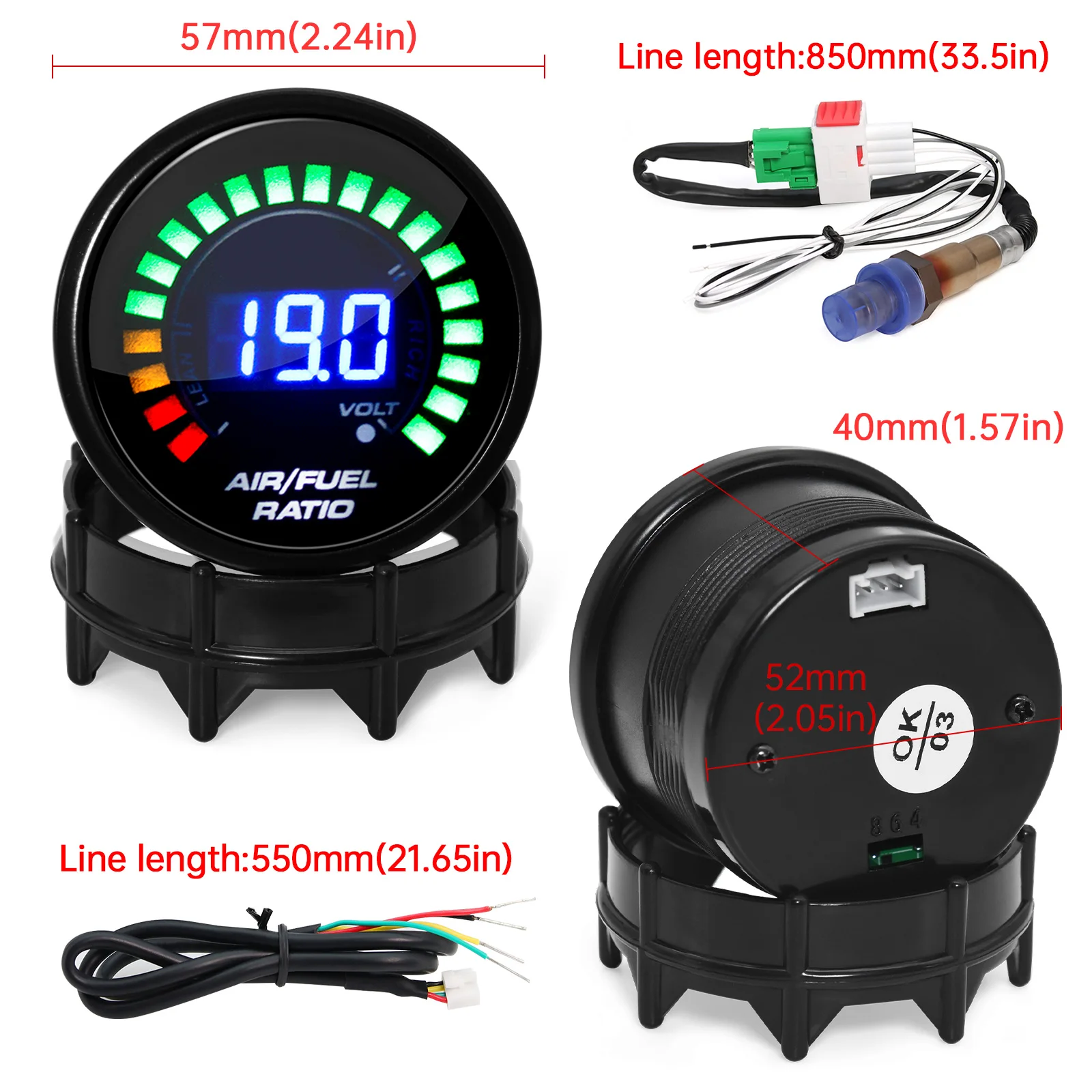 2 w 1 wskaźnik wyścigowy 52mm cyfrowy licznik samochodowy AFR z wąskopasmowym czujnikiem tlenu O2 wskaźnik stosunku paliwa do woltomierz samochodowy