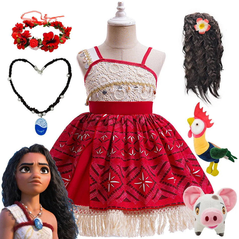 Disney New Movie Moana Vaiana Princess Dress Kids Cosplay Costume Girls Birthday Carnival Party Clothes with Necklace Wig Sets