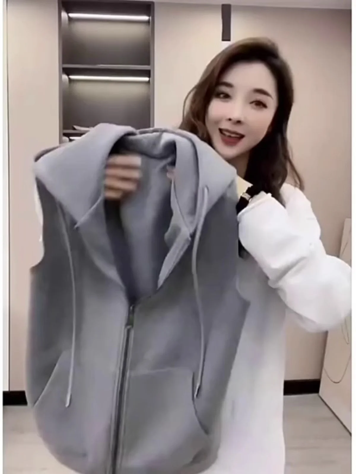 High-End Faion Retro Dstring Hooded Vest Large Size Casual Jaet Zipper Closure Cotton Polyester Blend Regular Length