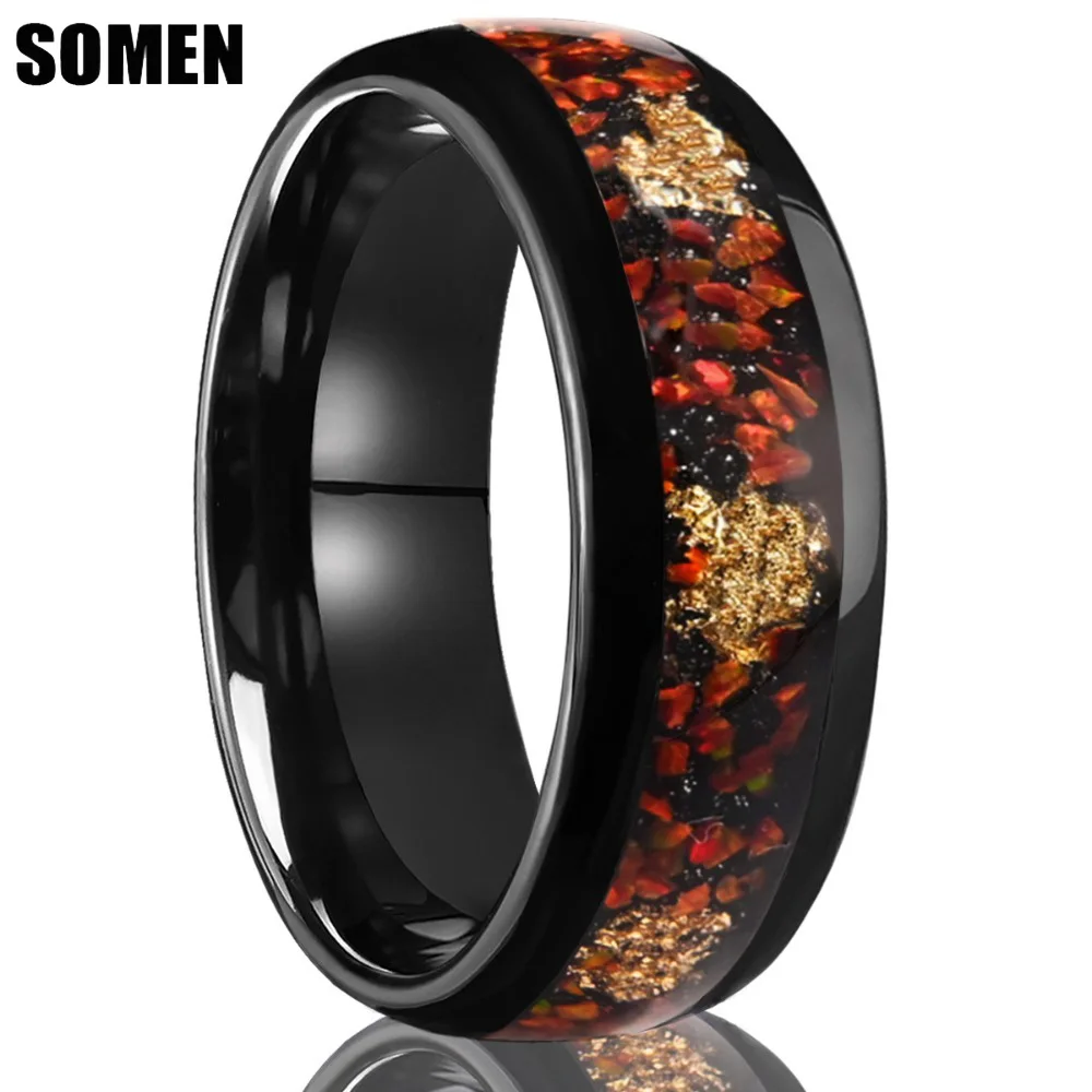 Somen 8mm Black Tungsten Carbide Ring For Men Women Red Opal & Gold Flakes Comfort Fit Wedding Band Engagement Couple Jewelry