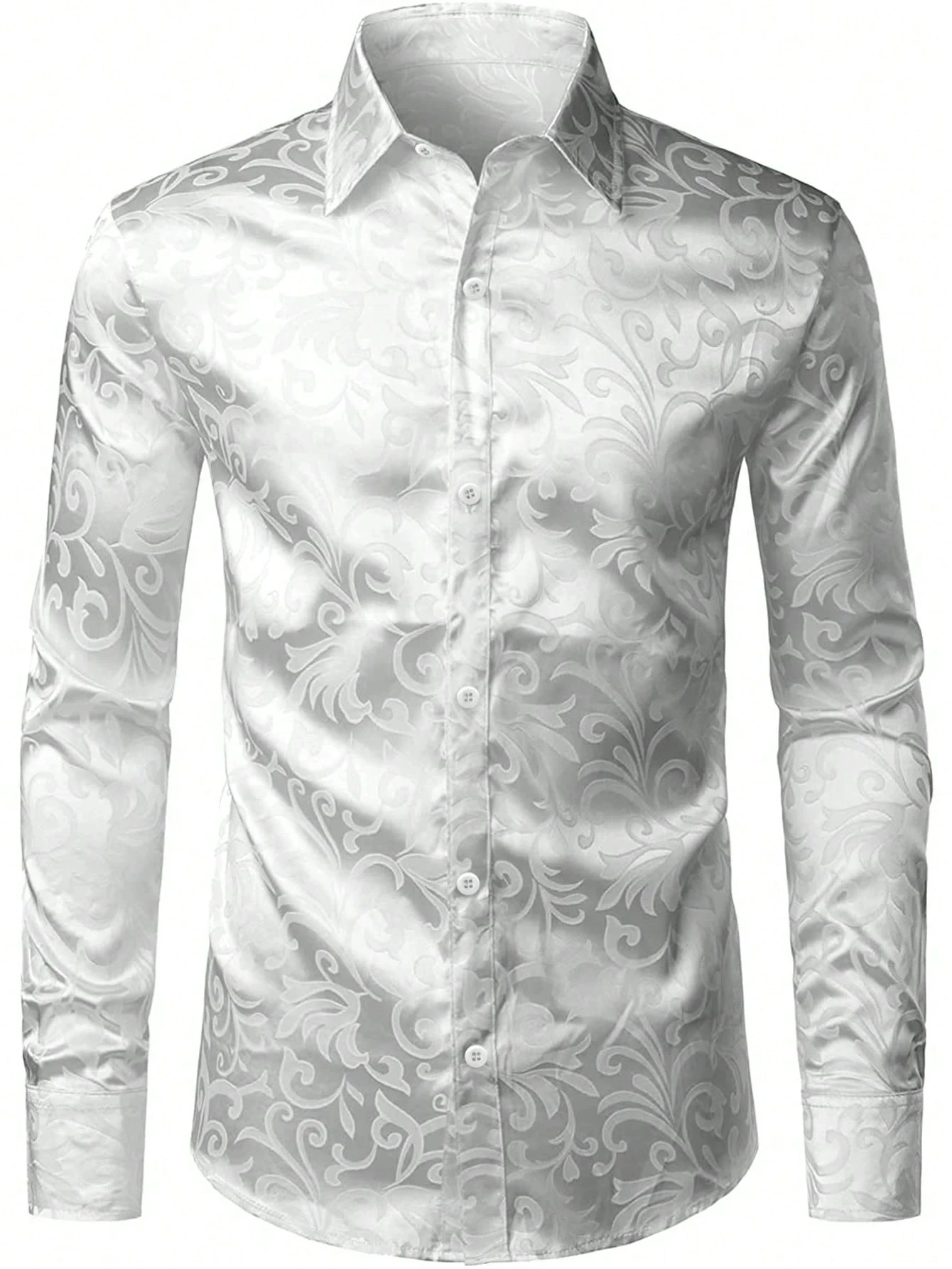 Men Black Satin Dark Swirl Floral Print Long Sleeve Shirt Turn‑down Collar Button Up Party Nightclub Dress Shirts