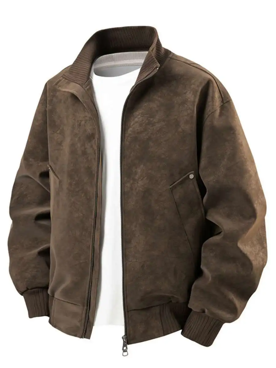 

Faionable Retro Leather Jaet for Men Loose Fit Stand Collar Autumn Outerwear Casual Sle Long Length Zipper Closure