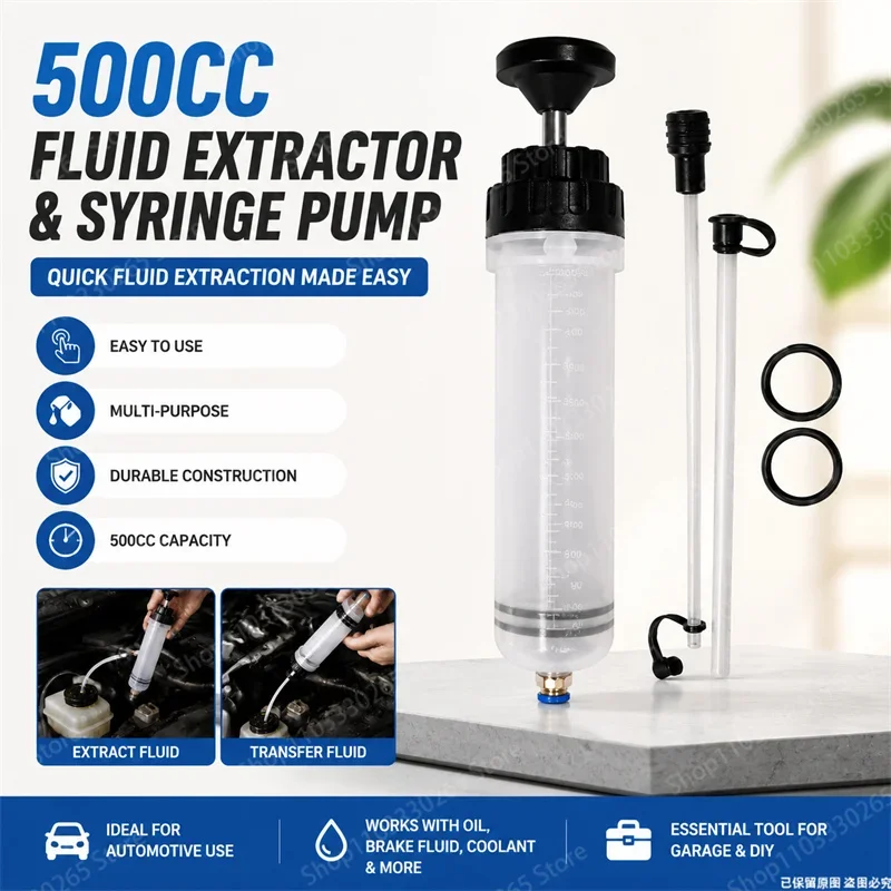 Multi-Use 500CC Fluid Transfer Syringe Pump, Durable Hand Extractor for Engine Oil Brake Fluid Coolant Power Steering Liquid