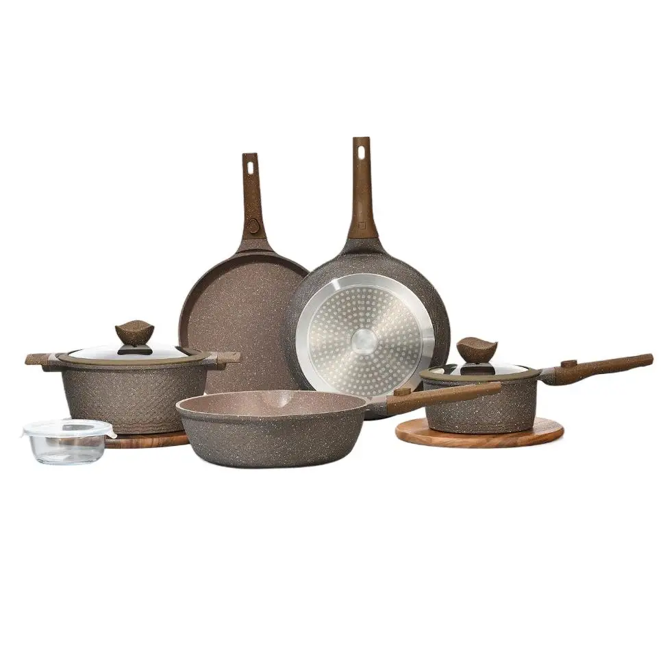 

New Arrival Modern Marble Non-Stick Cookingware Set with Detachable Handle Aluminium Pot with Silicone Lid