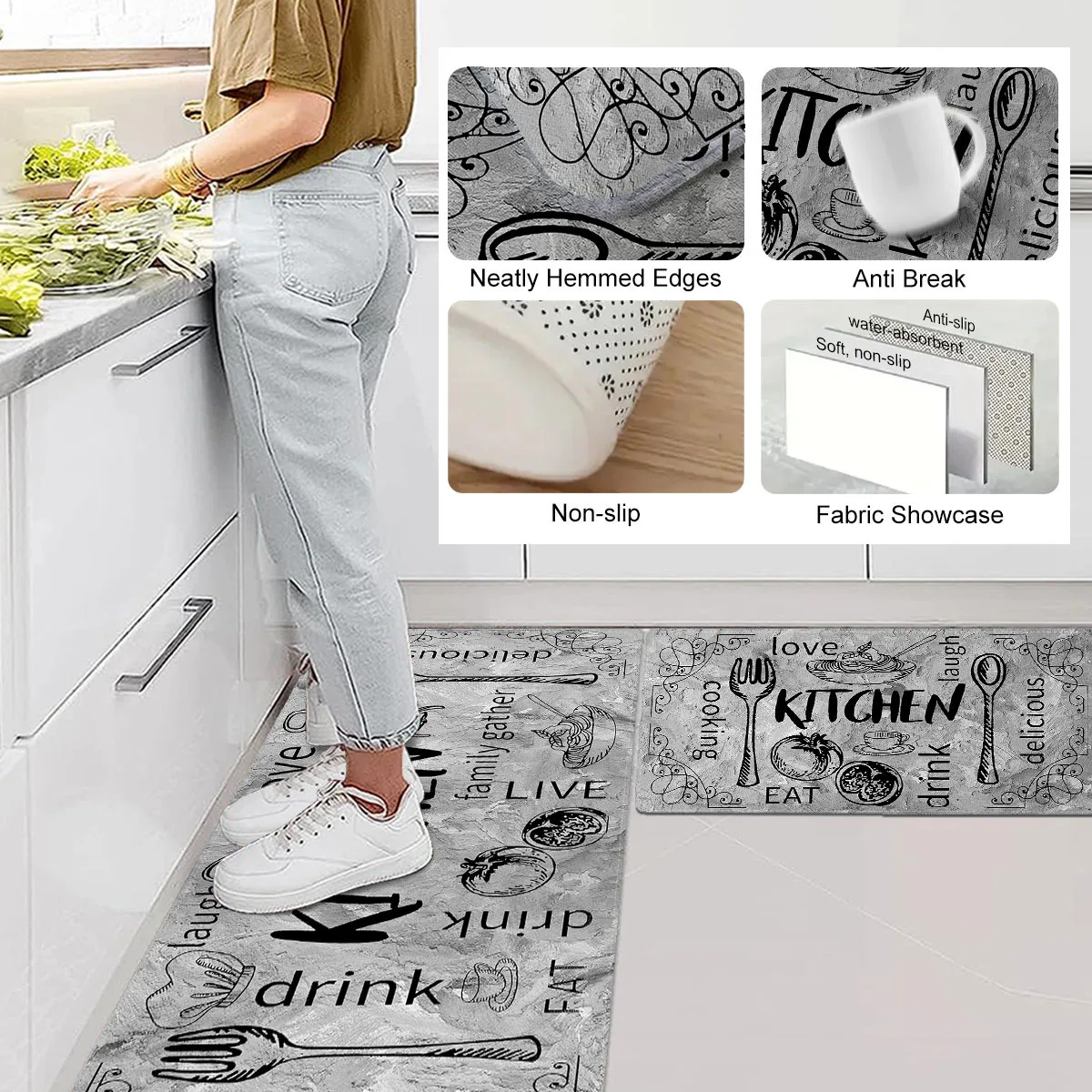 1pc Kitchen Mat, Scandinavian gray kitchen tableware elements pattern print Mat, polyester non-slip floor mat, indoor outdoor entrance floor door mat kitchen mat foot mat