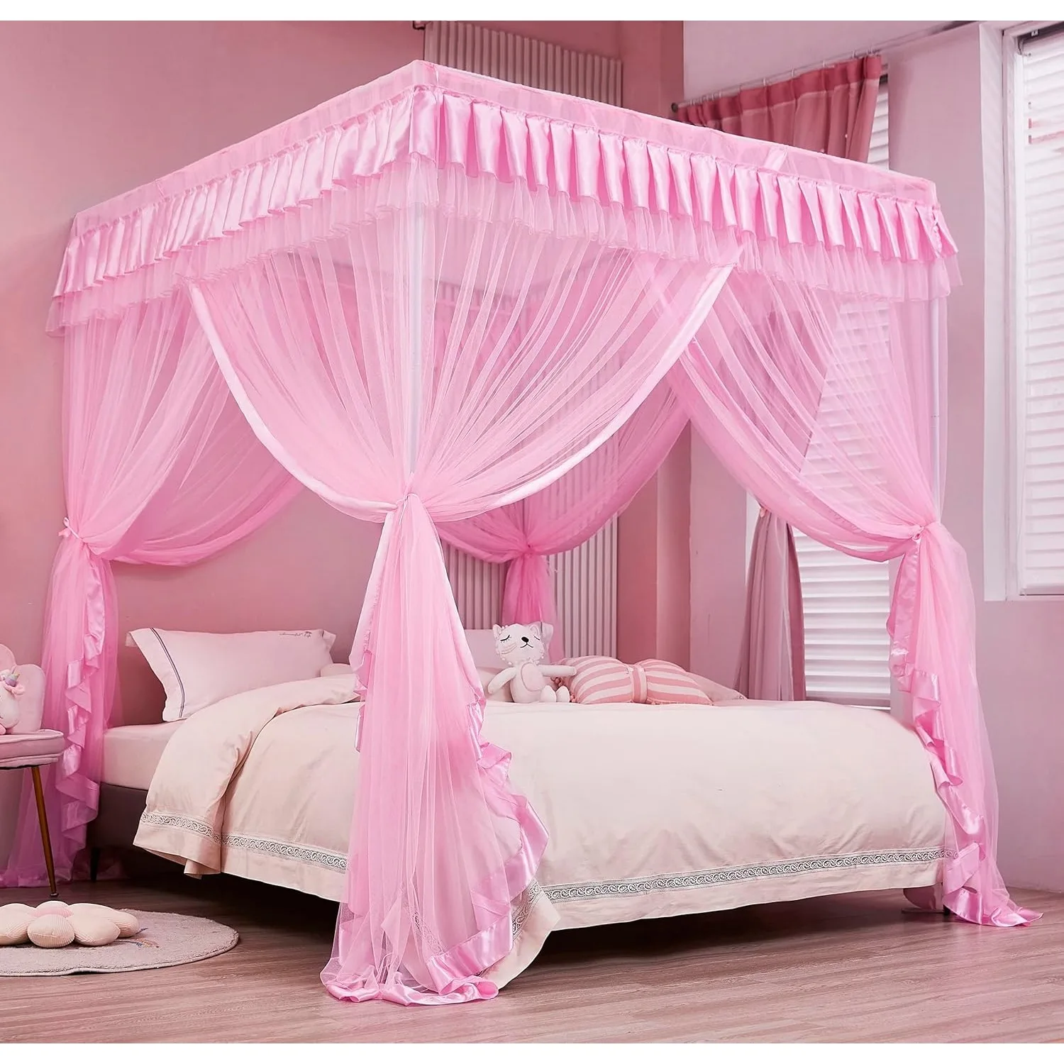 4-point canopy bed curtains, suitable for girls in full size - curtain bed frame, cute princess bedroom decoration (pink)