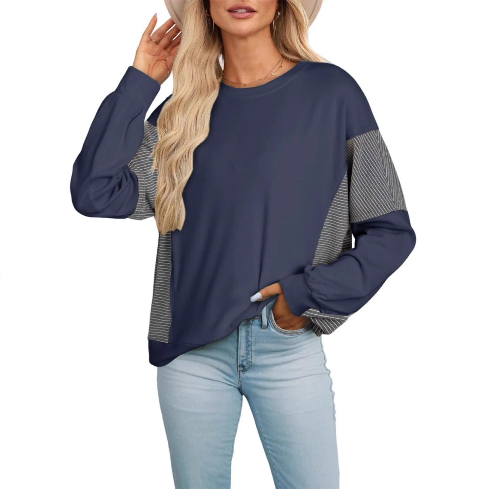 Women's Autumn Winter Striped Color-Block Long Sleeve Hoodies Sweatshirt