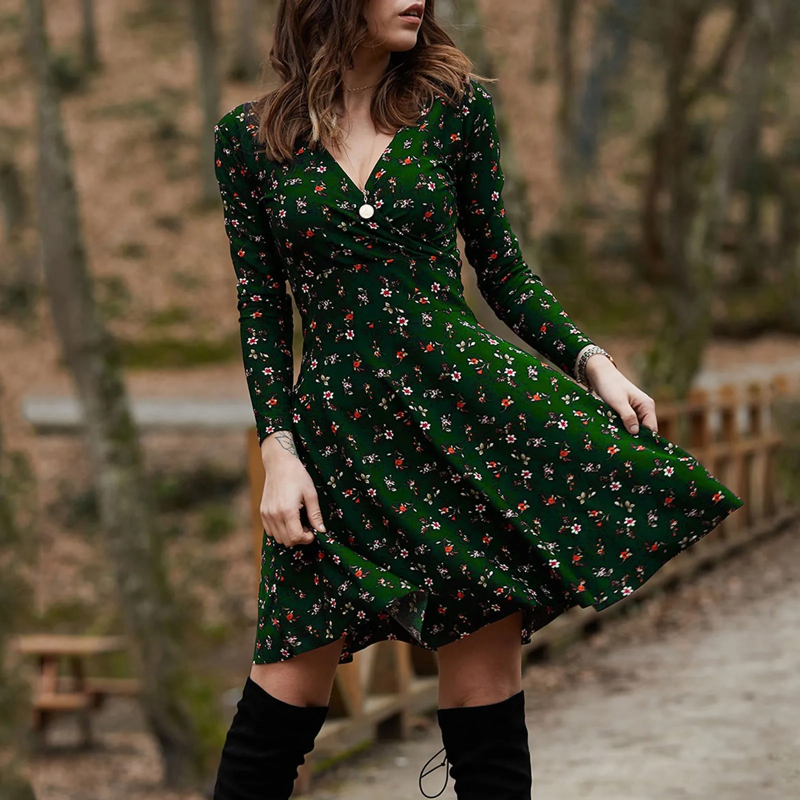 Elegant Vintage Floral Print Swing Midi Dress Women Retro High Waist Draped Long Sleeve Female Dresses Party Dating Dress 2024