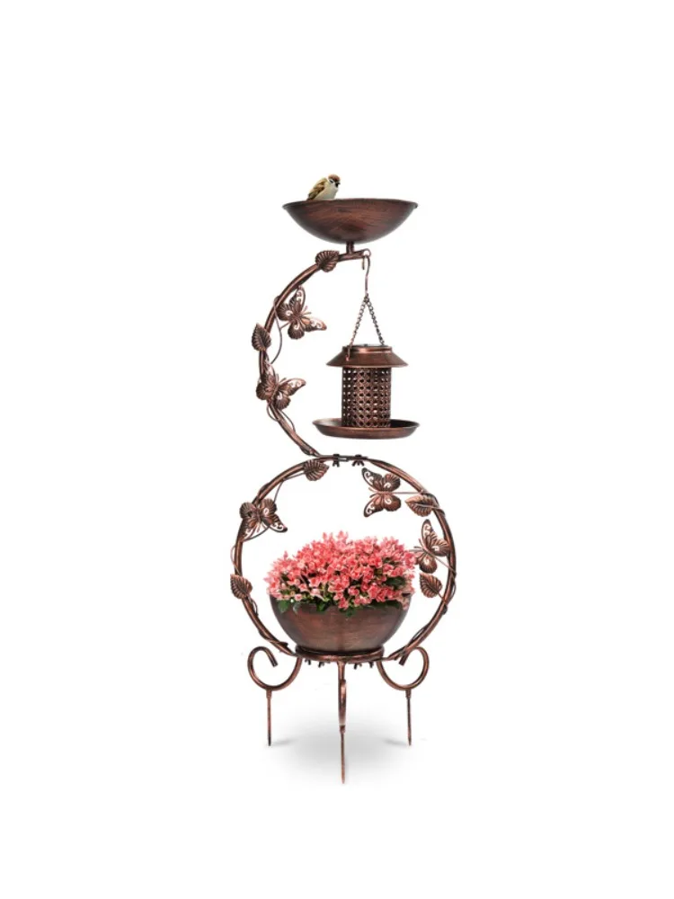 Bird bath and solar bird feeder combo, outdoor weather-resistant metal bird bath