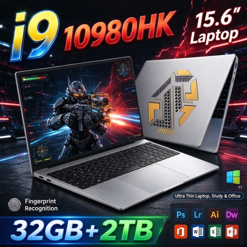 15.6'' Inch FHD Notebook Intel I9 10980HK Ultra Thin New Laptop 32GB RAM 1TB 2TB SSD Windows11 PC For Student Office Gaming Use