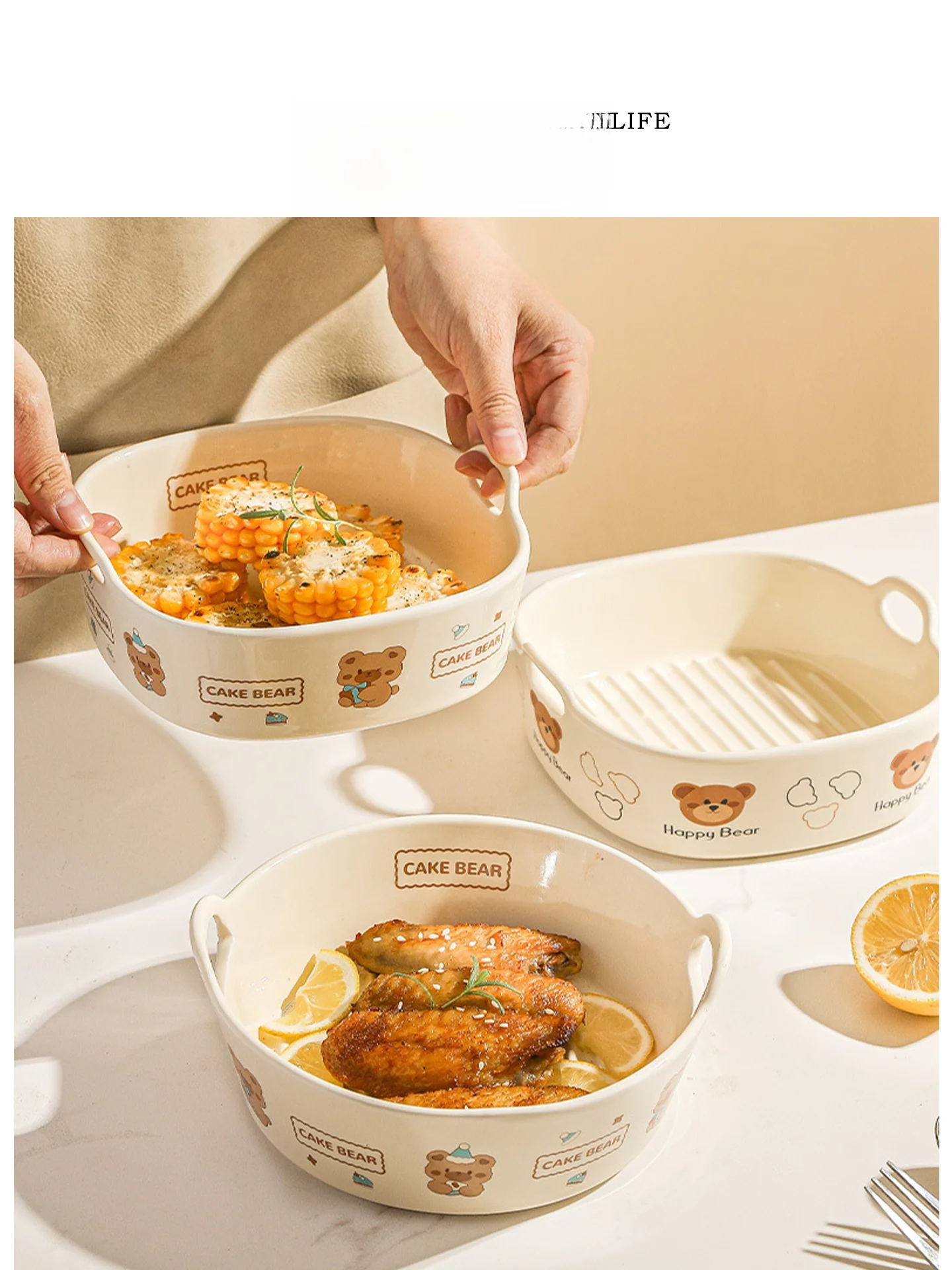 

Tlife Dani Cerc Casserole Di with Handles for Air Fryer Rice Bake Home Use Dining Utensils Cute Cartoon Pattern