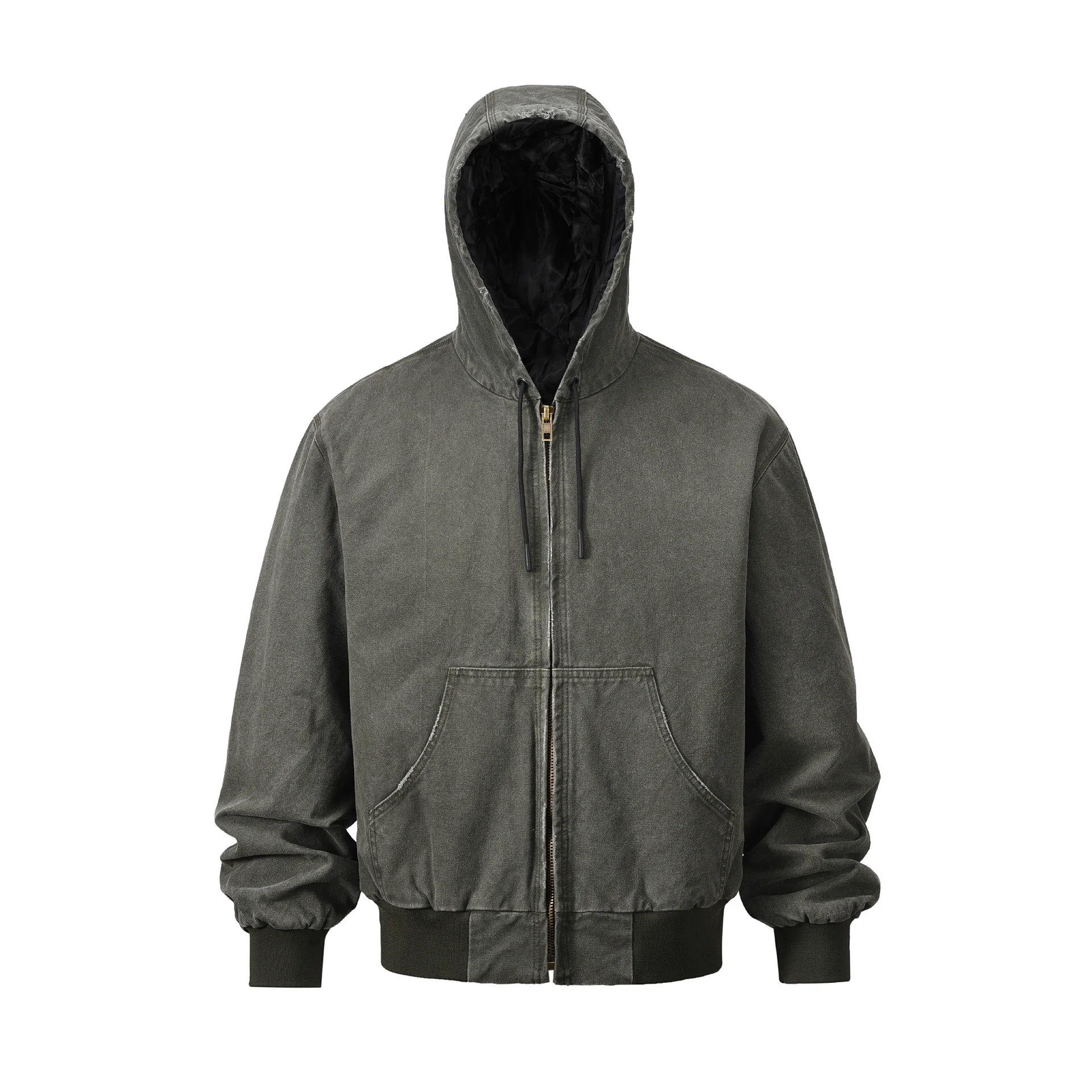 Spring Autumn New Fashion Men's Casual Trendy American High Street Washed Thicken Jacket Coat Zipper Hooded Cotton Coat Male
