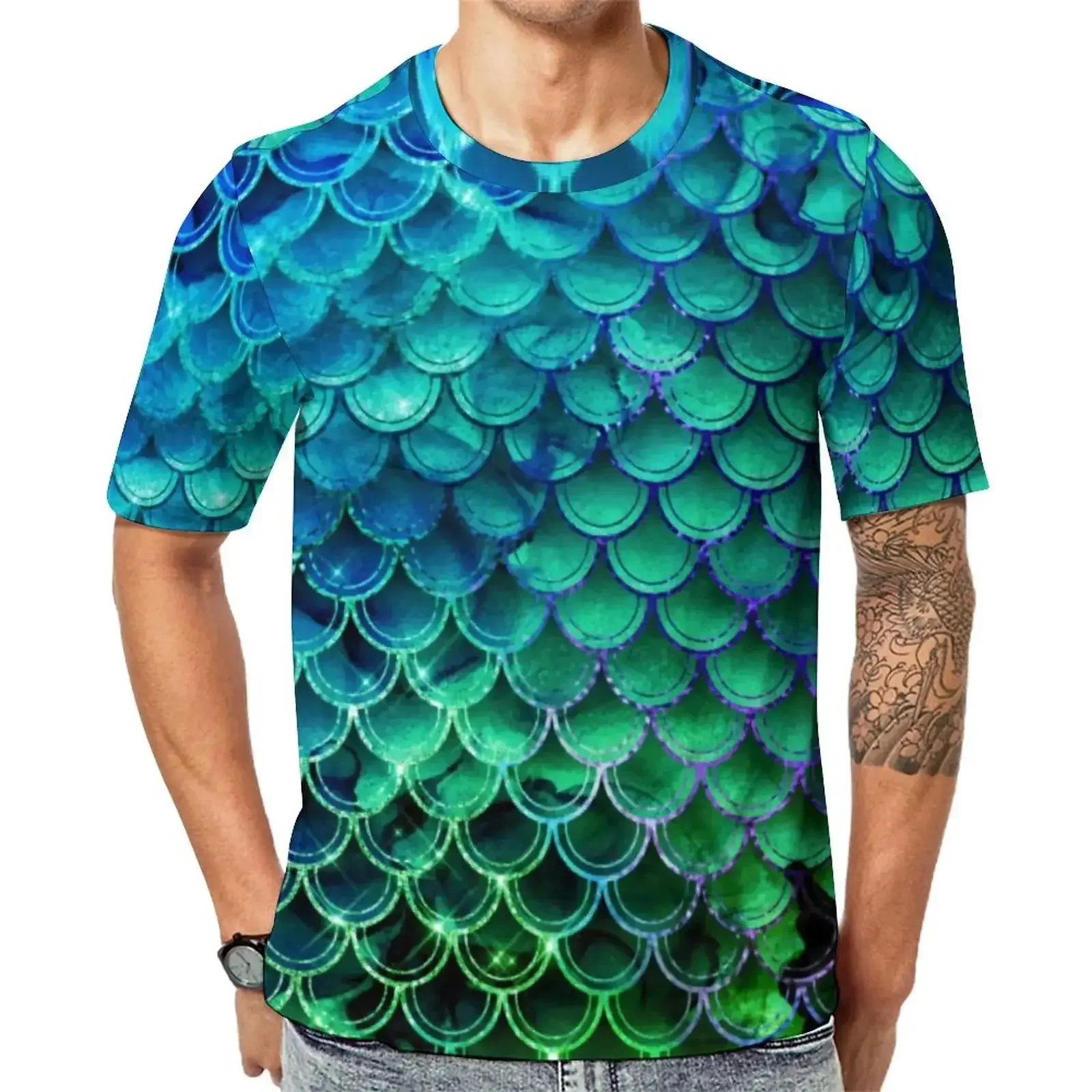 Fashionable Fun Fish Scale Pictures For Men\'s T-Shirts Trend Digital Printing Casual Round Neck Short Sleeved Tops