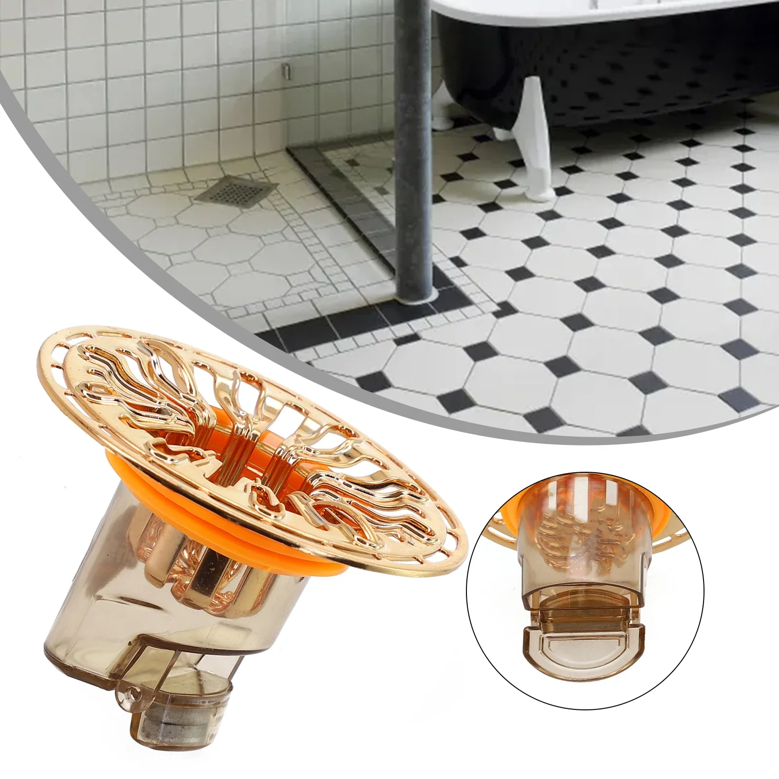 Fast drainage Floor Drain  Hair Blocking Filter Basket  Leak proof Silicone liner ABS Material Gold Color Easy to Maintain