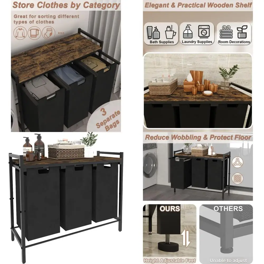 

10 x 3-Gallon Laundry Hamper with 3 Removable Sorter Bags, Folding Clothes Organizer for Home, Rustic Brown and Black