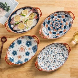 Japanese Uncaria 12-Inch Ceramic Double-Ear Fish Plate Household Large-capacity Steamed Fish Dish Oval Large Plate Baking Tray