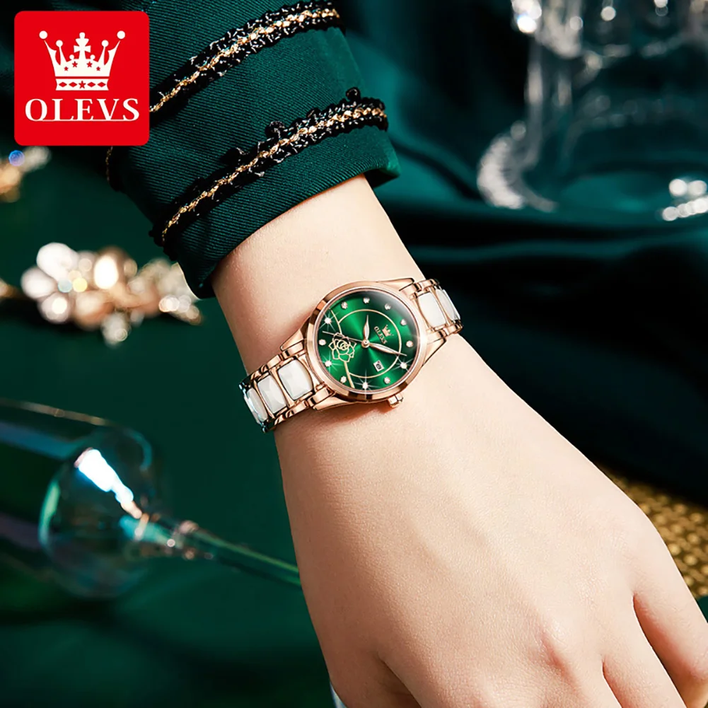 OLEVS Ladies Watch Ceramic Strap Elegant Fashion Luxury Waterproof Luminous Quartz Watch For Women Valentine's Day Present 3606