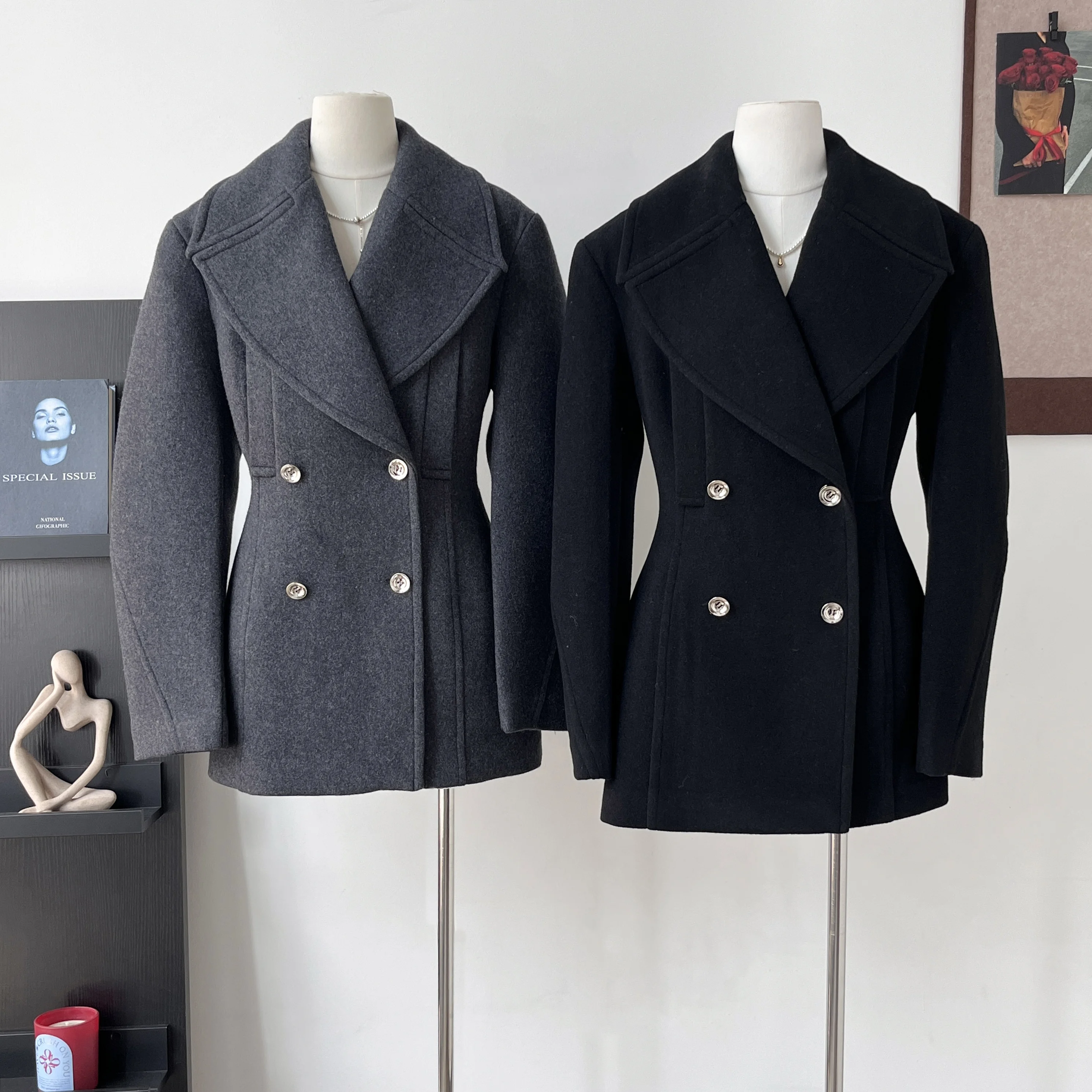 

Женский осенне-зимний элегантный двубортный тонкий костюм с длинными рукавами, верхняя одежда, женский шерстяной уличный пиджак, пальто