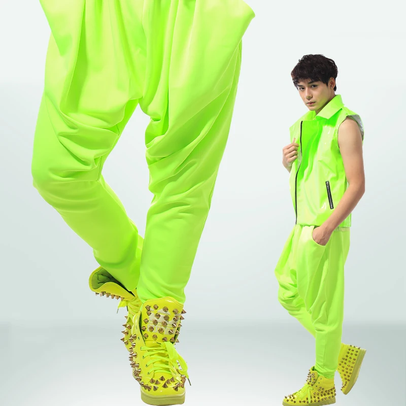 

Fluorescent Green Harem Pants Hip Hop Clothes Male Street Dance Costume Nightclub Dj Ds Gogo Dance Show Rave Clothing VDB5923